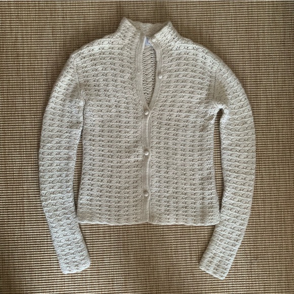 TSE Cashmere Mock Turtleneck Button Knit Cardigan Sweater Tan Cream